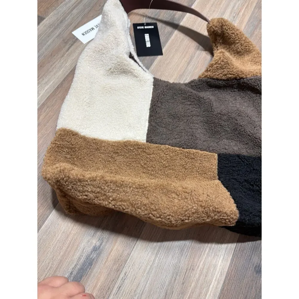Steve Madden Cognac Multi BTully Hobo Bag Brown Black White Colorblock Faux Fur